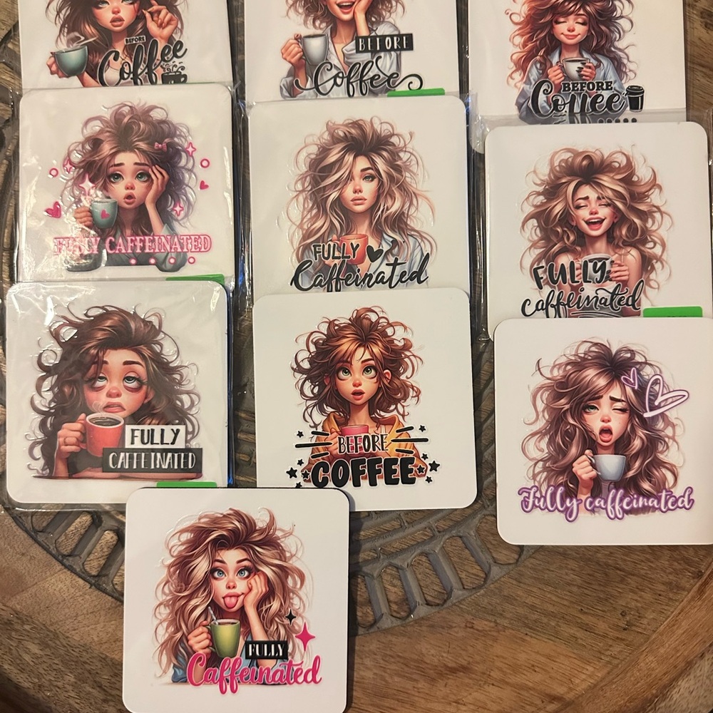 Set of 5 ( your choice) Coffee-Themed Coasters with Illustrations